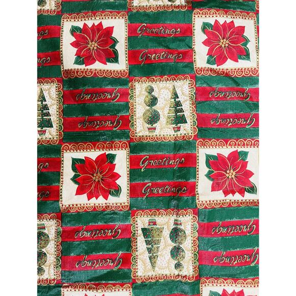 Vintage Vinyl Tablecloth Flannel Backed Christmas Tree Poinsettia Red Tan 98x60" - Picture 2 of 6